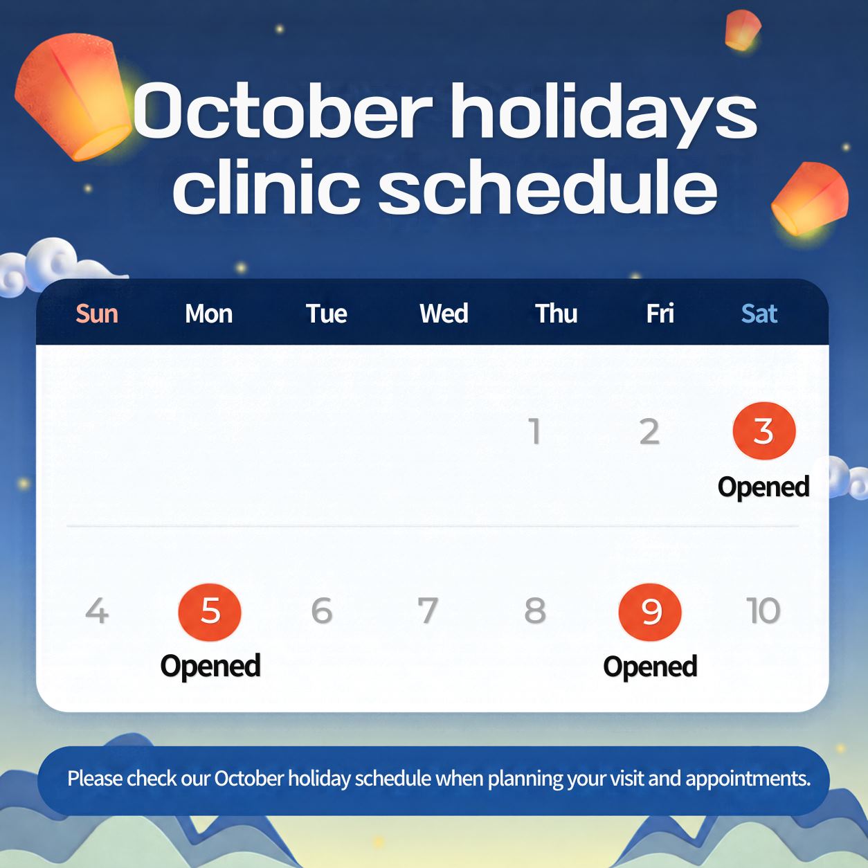 October holidays clinic schedule